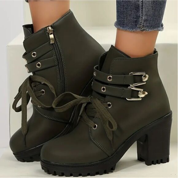 Black Platform Boots Chunky Heel Lace-Up Detail, Casual Buckle Ankle New Women's - Picture 4 of 6